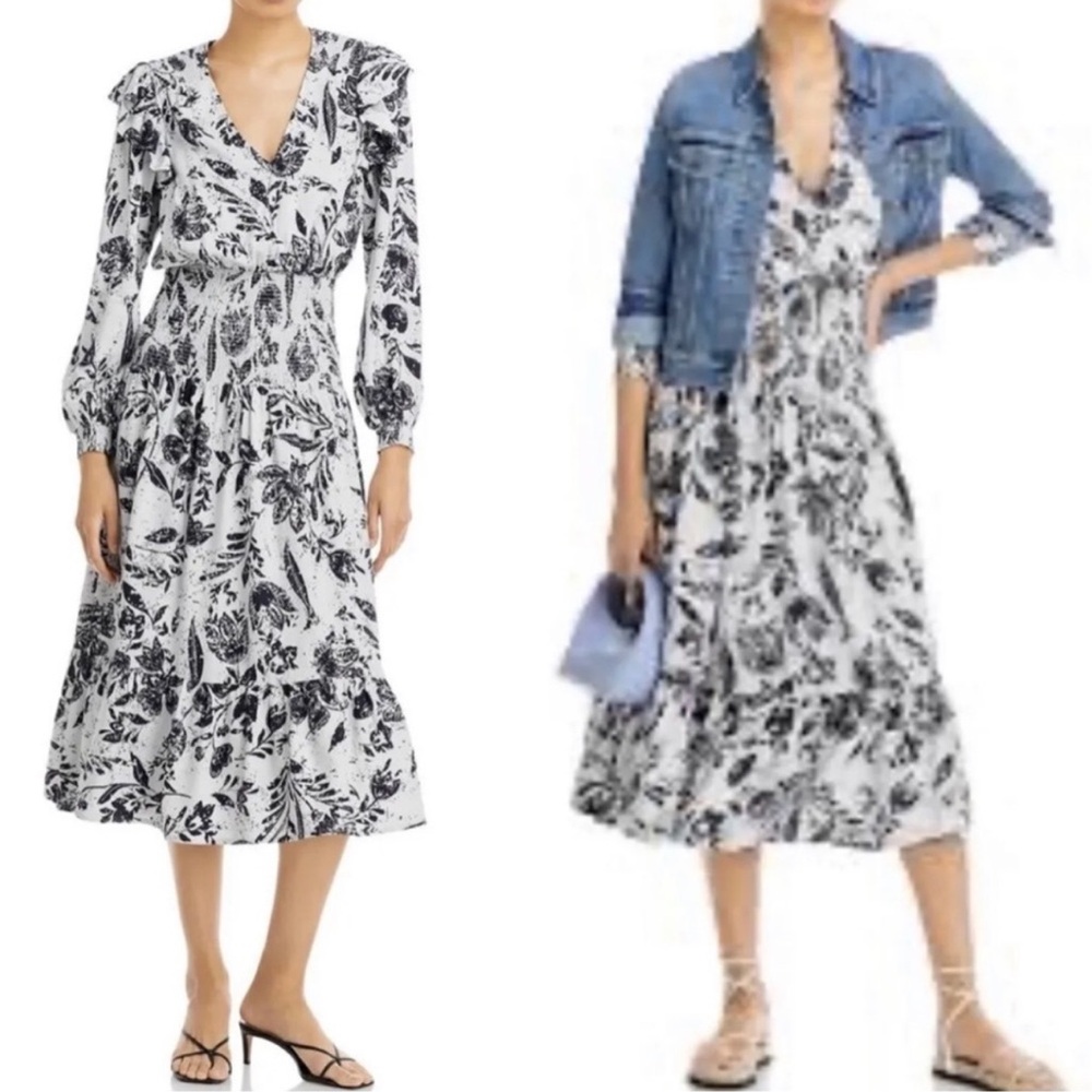 Aqua x Bloomingdale’s Floral Smocked Waist Midi Long-Sleeved Dress Size Medium